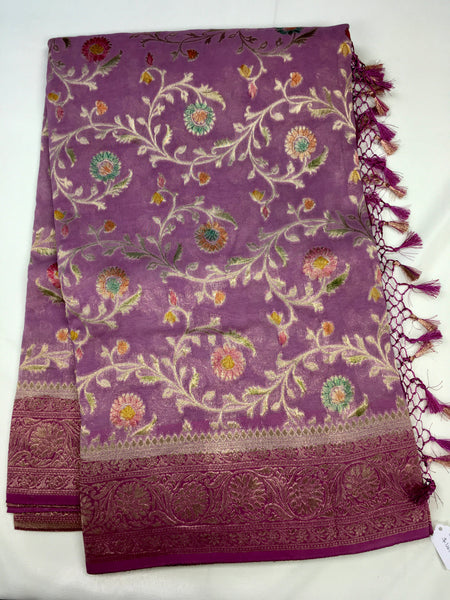 BKS113 Banarasi Georgette saree in purple. Comes with stitched blouse size 38 can be altered to size 42. Fall peco done.