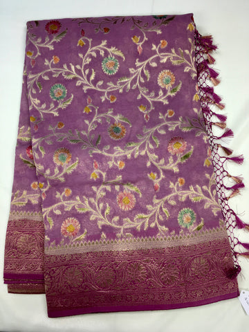 BKS113 Banarasi Georgette saree in purple. Comes with stitched blouse size 38 can be altered to size 42. Fall peco done.