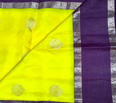 KSS413 Pure handloom kanchipuram silk Saree in yellow with brown gold zari border.comes with stitched blouse size 40,can be altered to 44 size.