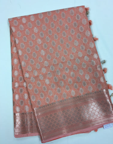 BKS139 Cotton Banarasi Saree in beach. Comes with stitched blouse size 38 can be altered to size 42. Fall peco done.