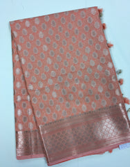 BKS139 Cotton Banarasi Saree in beach. Comes with stitched blouse size 38 can be altered to size 42. Fall peco done.