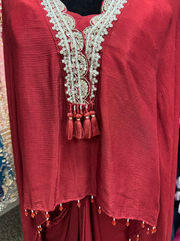 KKD006 - Crepe top with lace and tassel neckline design and dhoti skirt