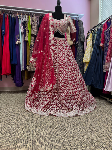 AFL2016-Pink silver heavy work lehenga with unique blouse design and dupatta