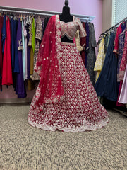 AFL2016-Pink silver heavy work lehenga with unique blouse design and dupatta