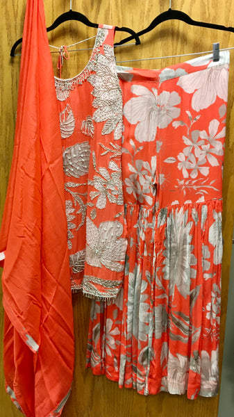 KKD107 PURE CHIFFON FLORAL EMBROIDERED KURTA WITH GHARARA AND DUPATTA