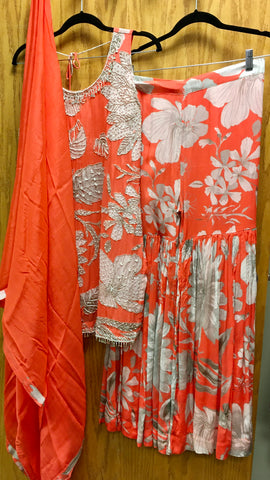 KKD107 PURE CHIFFON FLORAL EMBROIDERED KURTA WITH GHARARA AND DUPATTA