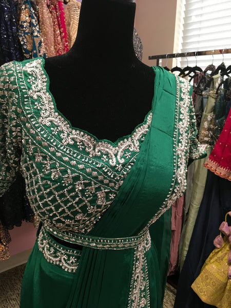 KKD017 - Green half saree with beautiful work on blouse and a belt