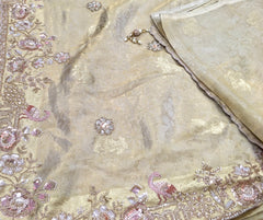 AFL8002 Pure banarasi crepe tissue saree in beige with heavy hand embroidery party wear Saree.comes with stitched blouse size 38 can be altered to 44 size.
