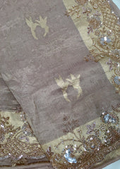 AFL8005 Pure banarasi crepe tissue saree in beige with heavy hand embroidery party wear Saree.comes with stitched blouse size 38 can be altered to 44 size.