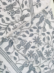 KSN211 Semi Silk Kantha Tusser Saree in white hand work design. Comes with stitched Blouse.