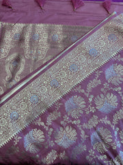Banarasi Tussari georgette saree in Onion Pink with gold and silver zari border.Fall peco done. Comess with stitched blouse size 38 can be altered up to 44 size.
