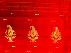 KSS439 Pure handloom kanchipuram silk Saree in red with gold zari border. Comes with stitched blouse size 40, Can be altered to 44 size.