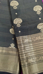 KSS429 Pure handloom kanchipuram silk Saree in black with gold zari work.comes with stitched blouse size 40,can be altered to 44 size.