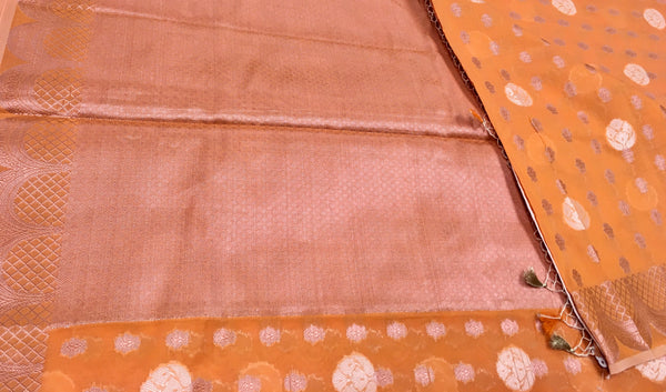 BKS134 Cotton Banarasi Saree in orang. Comes with stitched blouse size 38 can be altered to size 42. Fall peco done.