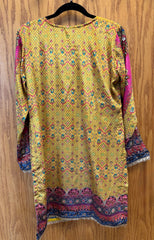 DPP006-Long yellow kurti with gharara, potli, and dupatta with heavy mirror work