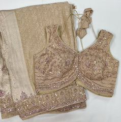 AFL8003 Pure banarasi crepe tissue saree in beige with heavy hand embroidery party wear Saree.comes with stitched blouse size 38 can be altered to 44 size.