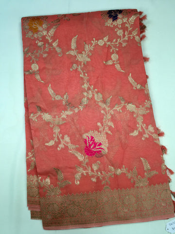 BKS110 Banarasi Georgette saree in peach. Comes with stitched blouse size 38 can be altered to size 42. Fall peco done.
