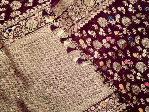 BKS108 Banarasi Georgette saree in brown. Come with stitched blouse size 38 can be altered to size 42. Fall peco done.