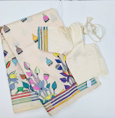 KSN219 Pure Silk Kantha Tussar Saree in beige. Comes with stitched blouse. Fall peco done.