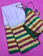 KSS414 Pure handloom kanchipuram silk Saree in purple with multi color gold zari border. Comes with stitched blouse size 40