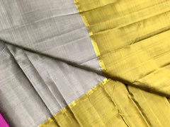 KSS458 Pure handloom kanchipuram silk Saree in gray with maroon and green border.comes with stitched blouse size 40,can be altered to 44 size.