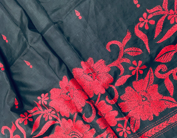 KSN227 Pure Silk Kantha Tussar Saree in black. Comes with stitched blouse.Fall peco done.