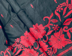 KSN227 Pure Silk Kantha Tussar Saree in black. Comes with stitched blouse.Fall peco done.