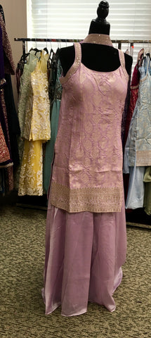 AFL2027- Banarasi silk suit come with gold Zaria work on top.Comes with sharara pant and necklace dupatta.