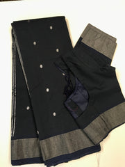 PSS11 - Beautiful Handwoven Cotton Black Paithani Saree with Dark Blue Zari Border and glamorous Peaccock motif on Pallu