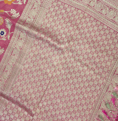 BKS101 Banarasi Georgette saree in pink. Comes with stitched blouse size 38 can be altered to size 42. Fall peco done.