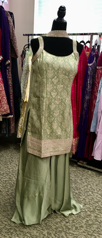 AFL2028- Banarasi silk suit come with gold Zaria work on top.Comes with sharara pant and necklace dupatta.