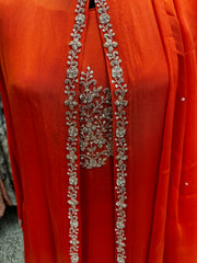 Pnk436: Orange and Yellow long Kurti with Cape and Pants and dupatta