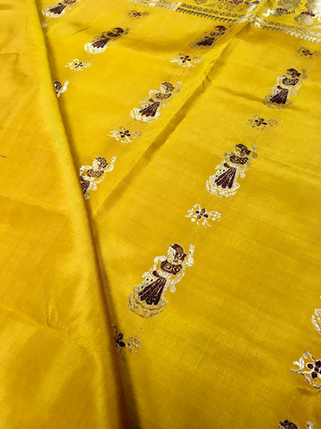 PURE HANDLOOM BALUCHURI SILK SAREE IN YELLOW WITH BROWN AND GOLD ZARI THREAD WORK