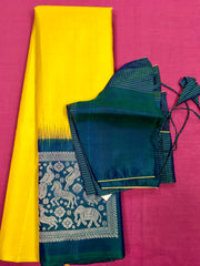 KSS426 Pure handloom kanchipuram silk Saree in green with blue gold zari border. Comes with stitched blouse size 40