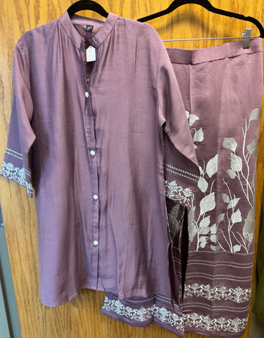 DPD011-Long collared pink kurta with pants and white border work