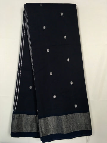 PSS11 - Beautiful Handwoven Cotton Black Paithani Saree with Dark Blue Zari Border and glamorous Peaccock motif on Pallu