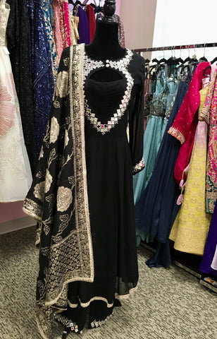 AFL2037 - Pure chiffon long gown with mirror work embroidered on the yoke.Come with pant and Banarasi dupatta.