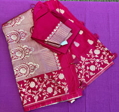 semi silk banarasi Saree in Rani Pink  with Gold  Zari Border. Fall peco done. Comes with stitched blouse size 38 can be altered up to 44