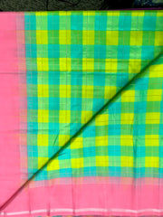 KSS422 Pure handloom kanchipuram silk Saree in multicolor checks with pink gold zari border. Comes with stitched blouse size 40