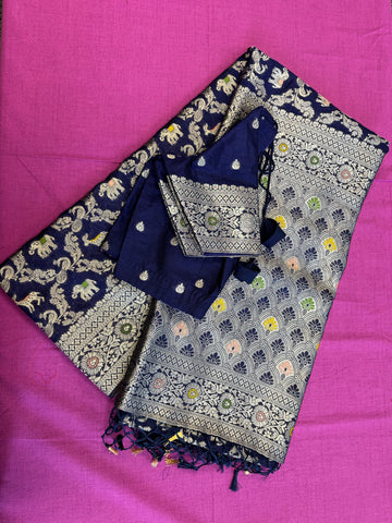 semi silk banarasi Saree in Blue with Zari Border. Comess with stitched blouse size 38 can be altered up to 44