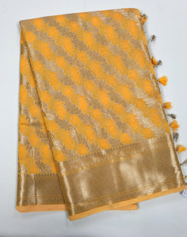 BKS138 Cotton Banarasi Saree in yellow. Comes with stitched blouse size 38 can be altered to size 42. Fall peco done.