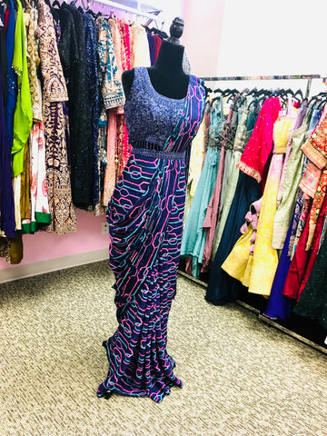 KKD013 Readymade partywear drape saree in pure chinnon fabric with heavy embroidered handwork blouse and belt.