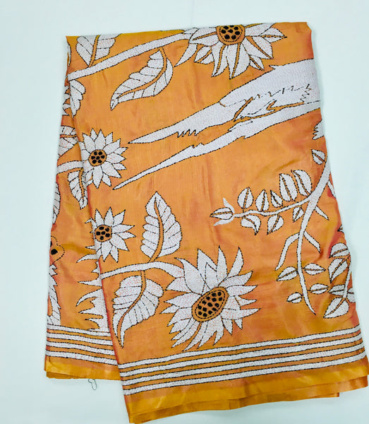 KSN213 Semi Silk Kantha Tusser Saree in yellow. Comes with stitched Blouse.