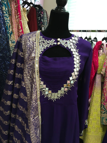 AFL2038 - Pure chiffon long gown with mirror work embroidered on the yoke.Come with pant and Banarasi dupatta.