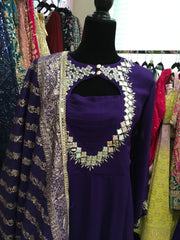 AFL2038 - Pure chiffon long gown with mirror work embroidered on the yoke.Come with pant and Banarasi dupatta.