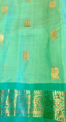 SKH141 PURE GADWAL HANDLOOM SILK SAREE IN PASTEL GREEN WITH TEAL ZARI BORDER AND PALLU