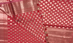 BKS140 Cotton Banarasi Saree in red. Comes with stitched blouse size 38 can be altered to size 42. Fall peco done.