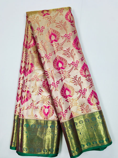 KSS512 Pure kanchipuram tissue silk Saree in pink with green color gold zari border. comes with stitched blouse size 40,can be altered to 44 size.
