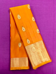 KSS434 Pure handloom kanchipuram silk Saree in yellow with gold zari border. Comes with stitched blouse size 40