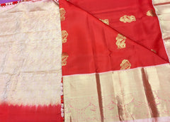KSS416 Pure handloom kanchipuram silk Saree in red with pink gold zari border.comes with stitched blouse size 40,can be altered to 44 size.
